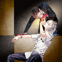 2boys aohitsugi_samatoki bracelet brown_hair cigarette formal_clothes glasses gloves hypnosis_mic iruma_jyuto jewelry multiple_boys necklace piercing red_eyes shirt smoking suit white_hair white_shirt