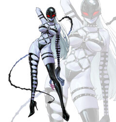 1girl absurdres bare_shoulders black_bra black_mask black_thighhighs bra breasts colored_skin cosplay digimon digimon_(creature) full_body grey_skin highres holding holding_whip kaijin_hime_do-s kaijin_hime_do-s_(cosplay) ladydevimon large_breasts lipstick makeup one-punch_man revealing_clothes solo thighhighs underwear white_hair wonbin_lee zoom_layer