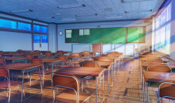 3d classroom door highres indoors nikki_(series) no_humans original scenery school shining_nikki sidelighting sitai_xiii table window