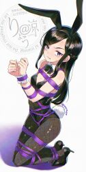 Rule 34 | 1girl, animal ears, artist name, bdsm, black hair, bondage, bound, bound ankles, bound arms, bound legs, bound torso, bound wrists, bow, bowtie, crotch rope, detached collar, fake animal ears, female focus, fishnets, full body, high heels, highres, kneeling, leotard, long hair, original, playboy bunny, purple eyes, rabbit ears, rabbit tail, ryou@ryou, shibari, shibari over clothes, sign, simple background, solo, strapless, strapless leotard, tail, variant set, very long hair, watermark, wrist cuffs