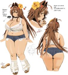 Rule 34 | 1girl, ahoge, ass, belly, blush, bracelet, breasts, brown eyes, brown hair, character name, choker, cleavage, cutoffs, denim, fat, flower, from behind, from side, hair flower, hair intakes, hair ornament, heart, heart hair ornament, highres, jewelry, large breasts, leg warmers, lips, long hair, meisharan, nanaco (meisharan), navel, necklace, original, shoes, short shorts, shorts, thick thighs, thighs