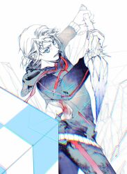 1boy angry blood blood_on_back blue_eyes blue_hoodie blue_theme cryokinesis cube highres holding holding_weapon hood hoodie ice incoming_attack khun_aguero_agnis looking_at_viewer male_focus monochrome open_mouth original polearm ponytail rubik&#039;s_cube shancunyinian short_hair short_ponytail solo spear teeth torn_clothes torn_hoodie tower_of_god weapon white_background