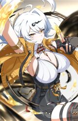 1girl absurdres ahoge asymmetrical_gloves black_gloves breasts cleavage cowboy_shot elbow_gloves fingerless_gloves gloves hair_ornament high-waist_shorts highres holding_ofuda jacket large_breasts long_hair mole mole_on_breast shorts single_elbow_glove single_hair_intake single_thighhigh thighhighs uneven_gloves white_background y_k_(user_maxh5525) yellow_eyes yellow_jacket yin_yang_pin yixuan_(zenless_zone_zero) zenless_zone_zero