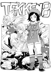 1d1htr 3girls alisa_boskonovich breasts copyright_name emilie_de_rochefort full_body group_picture halftone highres jack_(tekken) kazama_asuka large_breasts long_hair midair multiple_girls robot_girl short_hair single_bare_shoulder sitting standing sweater tekken tekken_8 toriyama_akira_(style)