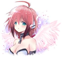 1girl ahoge angel_wings bare_shoulders black_hair breasts broken broken_chain chain cleavage collar collarbone feathers gradient_hair green_eyes hair_ribbon ikaros large_breasts light_blush looking_at_viewer metal_collar multicolored_hair nean parted_lips pink_hair red_ribbon ribbon robot_ears simple_background solo sora_no_otoshimono upper_body white_background white_wings wings