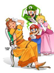 2boys 2girls :o ^_^ arm_up artist_name blonde_hair blue_eyes blue_overalls blue_pants blush brown_hair brown_shoes cellphone chair closed_eyes closed_mouth commentary crown dress earrings elbow_gloves english_commentary facial_hair flower_earrings gloves green_hat green_shirt hand_on_another&#039;s_shoulder hat high_heels highres holding holding_phone jewelry laughing long_hair long_sleeves luigi mario mario_(series) medium_hair multiple_boys multiple_girls mustache nervous nervous_sweating nintendo on_chair open_mouth orange_dress orange_shoes overalls pants phone pink_dress pink_shoes princess_daisy princess_peach puffy_sleeves red_hat red_shirt rope shirt shoes short_hair short_sleeves simple_background sitting smartphone smile smirk sphere_earrings ssuregigame standing sweat video_call white_background white_gloves