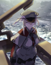 Rule 34 | 1girl, blonde hair, breasts, capelet, celtic knot, cloud, cross, female focus, graf zeppelin (kancolle), grey eyes, grey sky, hair between eyes, hat, iron cross, jacket, kantai collection, large breasts, machinery, military, military hat, military uniform, necktie, ocean, peaked cap, sidelocks, sky, solo, tsurime, twintails, upper body, waves, yamaioni (sasakama)