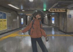 1other ambiguous_gender backpack bag black_pants can commentary_request grey_bag highres holding holding_can hood hooded_jacket indoors jacket long_sleeves looking_to_the_side muji_(uimss) open_mouth orange_jacket original pants smile train_station yellow_eyes