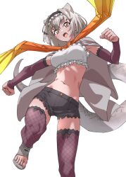 blush bow bowtie cape crop_top cutoffs detached_sleeves extra_ears fishnet_gloves fishnet_thighhighs fishnets frilled_hairband frilled_lizard_(ex)_(kemono_friends) frilled_thighhighs frills gloves grey_cape grey_hair grey_sandals grey_shorts hair_between_eyes hairband highres kemono_friends lizard_tail midriff navel open_mouth orange_bow orange_bowtie pink_sleeves pink_thighhighs reptile_girl sandals short_hair short_shorts shorts sidelocks smile tail tanabe_(fueisei) thighhighs yellow_bow yellow_bowtie yellow_eyes