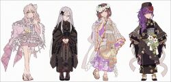 1other 25-ji_nightcord_de._(project_sekai) 3girls adapted_costume akiyama_mizuki apron asahina_mafuyu belt black_belt black_bow black_bowtie black_footwear black_gloves black_kimono bloomers blue_eyes bow bowtie braid brown_eyes brown_hair closed_mouth crinoline empty_eyes expressionless flower frilled_kimono frills full_body gloves grey_apron hakusai_(tiahszld) hat head_wreath heart high_ponytail highres itsuka_zetsubou_no_soko_kara_(project_sekai) ivy japanese_clothes kimono lace lace_gloves long_hair long_sleeves looking_at_viewer maigo_no_te_wo_hiku_sono_saki_wa_(project_sekai) mitasarenai_pale_color_(project_sekai) multiple_girls nurse_cap ponytail project_sekai purple_eyes purple_hair secret_distance_(project_sekai) shinonome_ena shoes short_hair short_kimono sidelocks smile underwear very_long_hair white_flower white_gloves white_kimono wide_sleeves yoisaki_kanade
