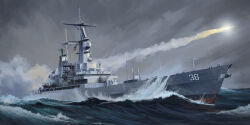 Rule 34 | american flag, battleship, highres, military vehicle, missile, mo yu de jiaozi, no humans, ocean, original, outdoors, overcast, ship, sky, united states navy, vehicle focus, warship, water, watercraft
