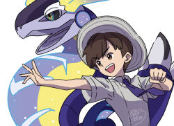 1boy :d brown_eyes brown_hair clenched_hand collared_shirt commentary_request florian_(pokemon) grey_hat grey_shirt hat highres looking_to_the_side male_focus miraidon necktie nintendo open_mouth outstretched_arm pokemon pokemon_(creature) pokemon_sv purple_necktie sasami_642 school_uniform shirt short_hair short_sleeves smile teeth upper_teeth_only white_background
