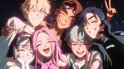 Rule 34 | 3boys, 3girls, alien stage, arm around shoulder, bishounen, black gloves, black hair, black shirt, blonde hair, blush, brown hair, closed eyes, eyelashes, eyewear on head, gloves, grey hair, group picture, hair between eyes, half-heart hands, hands on own face, happy, highres, hyuna (alien stage), ivan (alien stage), long hair, looking at viewer, luka (alien stage), mizi (alien stage), multiple boys, multiple girls, official art, open mouth, pink hair, shirt, short hair, smile, sua (alien stage), sunglasses, teeth, till (alien stage), upper teeth only, v, very short hair, white gloves