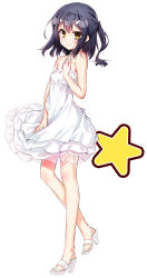 1girl bare_arms bare_shoulders black_hair blush breasts brown_eyes closed_mouth collarbone commentary_request dress fate/kaleid_liner_prisma_illya fate_(series) female_focus full_body hair_between_eyes hair_ornament hairclip halterneck hand_up high_heels highres long_hair looking_at_viewer miyu_edelfelt ponytail sandals simple_background sleeveless sleeveless_dress small_breasts smile solo standing standing_on_one_leg star_(symbol) white_background white_dress white_sandals youta