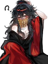 1girl ? arm_up bandaged_chest black_hair black_hanfu breasts chest_sarashi chinese_clothes chinese_commentary cleavage coat coat_partially_removed coin coin_mask coin_on_string covered_mouth dao_gui_yi_xian eyelashes genderswap genderswap_(mtf) hair_between_eyes hair_bun half-closed_eye hand_on_own_head hanfu highres holed_coin jingzizi052 li_huowang long_hair long_sleeves looking_at_viewer mask medium_breasts messy_hair mouth_veil off_shoulder open_clothes open_coat red_coat red_eyes robe robe_partially_removed sarashi simple_background single_bare_shoulder single_hair_bun sitting solo torn_clothes veil white_background wide_sleeves