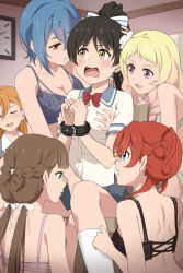 6+girls anime_coloring asymmetrical_bangs back bare_shoulders bdsm black_bra black_hair blonde_hair blue_bra blue_eyes blue_hair blush bondage bound bound_wrists bow bra braid breasts brown_eyes brown_hair ceiling chair cleavage clock collarbone commentary d: femdom flower grabbing_another&#039;s_breast grabbing_from_behind green_bra groping hair_between_eyes hair_bow hair_bun hair_flower hair_ornament hair_ribbon harem hazuki_ren highres imminent_fingering implied_fingering indoors lace lace-trimmed_bra lace_trim laofuzi_dai_bansho large_breasts legs lingerie long_hair looking_at_another love_live! love_live!_superstar!! medium_breasts medium_hair miniskirt multiple_girls onitsuka_natsumi open_mouth orange_hair pink_bra pleated_skirt ponytail red_hair restrained revision ribbon sakurakoji_kinako school_uniform shibuya_kanon short_hair sitting skirt sleeping socks spread_legs standing summer_uniform surprised twintails underwear upper_body wakana_shiki wall_clock yoneme_mei yuigaoka_music_program_school_uniform yuigaoka_school_uniform yuri
