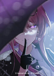 1girl artist_name black_gloves black_jacket black_umbrella blurry blurry_foreground closed_mouth collared_shirt commentary_request earrings eyewear_on_head finger_to_mouth gloves glowing glowing_eye hand_up highres honkai:_star_rail honkai_(series) index_finger_raised jacket jewelry kafka_(honkai:_star_rail) looking_at_viewer portrait purple_eyes purple_hair round_eyewear shirt shushing smile solo srpzk sunglasses umbrella white_shirt