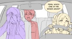 1boy 2girls 3: :o =_= anachronism car_interior closed_eyes closed_mouth commentary crying double_facepalm driving elf english_commentary english_text facepalm fern_(sousou_no_frieren) frieren fukaikiri highres limited_palette long_hair long_sleeves multiple_girls open_mouth parted_bangs pointy_ears rear-view_mirror short_hair sousou_no_frieren speech_bubble stark_(sousou_no_frieren) steering_wheel twintails