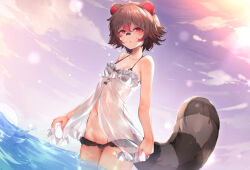 1girl animal_ears babydoll babydoll_lift bandaid bandaid_on_face bandaid_on_nose bare_arms bikini bikini_under_clothes black_bikini breasts bright_pupils brown_hair brown_tail colored_tips downscaled dutch_angle frilled_babydoll frilled_bikini frills hair_between_eyes half-closed_eyes image_sample indie_virtual_youtuber kana616 legs_together looking_at_viewer lowleg lowleg_bikini micro_bikini multicolored_hair navel raccoon_ears raccoon_girl raccoon_tail rakkun_sutaru red_eyes red_hair resized see-through_babydoll see-through_clothes short_hair small_breasts spaghetti_strap stomach sunlight swimsuit tail twilight two-tone_hair virtual_youtuber wading water white_babydoll white_pupils
