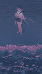 1other ambiguous_gender beach camera camera_around_neck closed_mouth cyberseaurchin expressionless from_above highres limited_palette original other_focus outdoors sandals shirt short_hair shorts solo standing very_short_hair