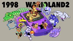 1boy 1girl :o aircraft arm_up awabo_(wario_land) bag ball bandana basketball_(object) bee big_kamukamu bird bobo_(wario_land) buck_teeth bug captain_syrup cave_master claws closed_eyes closed_mouth commentary copyright_name dated drooling dunk_(wario_land) english_commentary facial_hair fish frown game_boy game_boy_color ghost_(wario_land_ii) giant_bee_(wario_land) giant_snake_(wario_land) gloves grey_background handheld_game_console hat highres holding holding_ball insect long_hair looking_at_another lying mario_(series) mecha_kuri mustache nintendo on_back open_mouth overalls pants pirate_goom pointy_ears purple_eyes rinabee_(rinabele0120) sack sharp_teeth shirt shoes short_sleeves simple_background skull_print sleeping sleeveless sleeveless_shirt smile smirk snake talons teeth tongue tongue_out tusks v-shaped_eyebrows wario wario_land wario_land_ii wario_land_ii wristband zzz