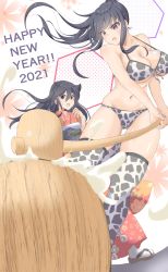 2021 2girls absurdres animal_print bikini breasts chinese_zodiac commentary_request cow_print food front-tie_top happy_new_year highres japanese_clothes kimono kine kuroki_tomoko large_breasts mallet mochi mochi_trail mochitsuki mortar_(bowl) multicolored_bikini multiple_girls new_year print_bikini print_legwear sandals sasaki_fuuka swimsuit teeth thighhighs upper_teeth_only wata9mm_no watashi_ga_motenai_no_wa_dou_kangaetemo_omaera_ga_warui! year_of_the_ox zouri