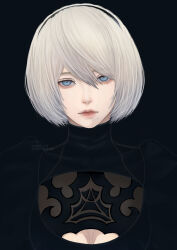 1girl 2b_(nier:automata) black_background black_hairband blue_eyes cleavage_cutout clothing_cutout hairband highres looking_at_viewer mitsuki_nite mole mole_under_mouth nier:automata nier_(series) no_blindfold short_hair simple_background solo twitter_username watermark white_hair