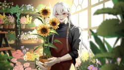 1boy :d a_date_with_death aegyo_sal apron black_shirt blurry blurry_foreground bush casper_(a_date_with_death) crossed_bangs daisy_(flower) day depth_of_field flower flower_pot gloves glowing greenhouse grin highres holding holding_flower_pot indoors jellyfish_cut light_particles lily_(flower) looking_at_viewer male_focus non-web_source open_mouth red_apron red_eyes rose shirt smile smock solo sunflower sunlight upper_body white_gloves white_hair wooden_stairs