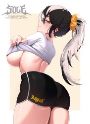 1girl ass black_hair black_nails black_shorts blush border breasts brown_background closed_mouth clothes_lift commentary commission cowboy_shot dolphin_shorts english_commentary from_side grey_hair hair_ornament hair_scrunchie highres indie_virtual_youtuber large_breasts lifting_own_clothes looking_at_viewer multicolored_hair nail_polish orange_scrunchie outside_border ponytail profile scrunchie shirt shirt_lift short_shorts shorts sideways_glance skin_tight smile solevisionarts solo standing streaked_hair sweat twitter_username two-tone_hair very_long_fingernails virtual_youtuber white_border white_shirt yellow_eyes