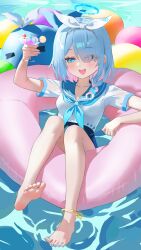 1girl absurdres arona_(blue_archive) barefoot blue_archive blue_eyes blue_nails blue_sailor_collar blue_skirt blush braid breasts cocktail_glass colored_inner_hair commentary cup drinking_glass english_commentary hair_over_one_eye hairband halo highres innertube looking_at_viewer medium_breasts medium_hair multicolored_hair nail_polish on_innertube open_mouth outdoors pink_hair sailor_collar shirt shortofsugar skirt smile soles solo swim_ring white_hairband white_shirt