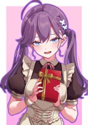 1girl ahoge apron blush border box braid brown_shirt butterfly_hair_ornament commentary_request corset ear_piercing frilled_apron frills gakuen_idolmaster gift gift_box hair_ornament happy_mille-feuille_(idolmaster) highres holding holding_box idolmaster kaya_rinha long_hair looking_at_viewer mole mole_on_neck neck_ribbon nobunaga1207 outline piercing pink_background pink_ribbon puffy_short_sleeves puffy_sleeves purple_hair purple_outline ribbon shirt short_sleeves simple_background solo twintails upper_body white_apron white_border wrist_cuffs
