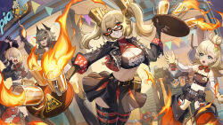 2boys 4girls absurdres bangboo_(zenless_zone_zero) beer_mug belt big_daddy_(zenless_zone_zero) black_belt black_gloves black_hair black_jacket black_shirt black_shorts black_skirt black_tunic blonde_hair boar boots breasts burnice_white caesar_king_(zenless_zone_zero) cleavage cropped_jacket cup detached_sleeves elbow_gloves fire flame_print gloves green_eyes green_hair grin hair_between_eyes hair_intakes hair_ornament high_heels highres holding holding_cup holding_tray jacket large_breasts leather leather_jacket lighter_(zenless_zone_zero) luciana_de_montefio midriff mug multiple_boys multiple_girls navel open_clothes open_jacket open_mouth orange_eyes piper_wheel red-tinted_eyewear red_moccus_(zenless_zone_zero) rx-c shirt short_shorts shorts skirt smile sparkle spiked_belt spikes strapless sunglasses thigh_boots tinted_eyewear tray tube_top tunic twintails vomiting zenless_zone_zero