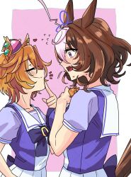 2girls absurdres ahoge animal_ears blush bow bowtie brown_hair brown_tail character_doll closed_eyes commentary crown doll ear_ornament finger_to_mouth flustered flying_sweatdrops furrowed_brow hairband heart highres holding holding_doll hone_(ftmh4275) horse_ears horse_girl horse_tail horseshoe_ornament looking_at_another meisho_doto_(umamusume) mini_crown multiple_girls open_mouth orange_hair pink_background pink_hairband pleated_skirt puffy_short_sleeves puffy_sleeves purple_bow purple_bowtie purple_eyes purple_shirt sailor_collar sailor_shirt school_uniform shirt short_hair short_sleeves skirt stiff_tail summer_uniform t.m._opera_o_(umamusume) tail tail_raised tracen_school_uniform u_u umamusume upper_body watermark watermark_grid white_hair white_sailor_collar white_skirt yuri