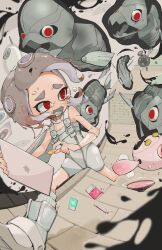 1girl @_@ agent_8_(splatoon) bare_shoulders battering_lento bodysuit breasts brown_hair cleavage collar colored_tongue covered_navel drone fleeing furrowed_brow gradient_hair grey_hair grey_tongue highres holding jelleton looking_back marching_andante medium_hair metal_collar multicolored_hair nintendo octoling octoling_girl octoling_player_character open_mouth pearl_(splatoon) pearl_drone_(splatoon) red_eyes reefslider_(splatoon) small_breasts splatoon_(series) splatoon_3 splatoon_3:_side_order suction_cups tears tentacle_hair two-tone_hair tyinkama white_bodysuit