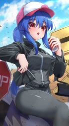 1girl absurdres alternate_costume alternate_hairstyle baseball_cap belt_buckle biker_clothes black_jacket blue_hair blue_sky buckle can commentary_request desert dirtbike hat highres hinanawi_tenshi hinanawi_tenshi_(flaming_gale_rider) holding holding_can jacket leather leather_jacket long_hair long_sleeves looking_at_viewer motor_vehicle motorcycle open_clothes open_jacket open_mouth outdoors pants peach_hat_ornament ponytail red_eyes road_sign sign sky solo stop_sign thighs touhou touhou_lostword yosshy