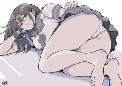 1girl ass bad_feet bad_hand black_neckerchief black_skirt brown_hair dated grey_eyes hadashi_no_kenji neckerchief original panties school_uniform shirt short_sleeves skirt solo underwear white_background white_panties white_shirt