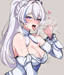 1girl ahoge bare_shoulders blue_eyes blush breasts censored commission detached_sleeves dress fellatio_gesture grey_background high_ponytail highres honkai_(series) honkai_impact_3rd kiana_kaslana kiana_kaslana_(apho) kiana_kaslana_(herrscher_of_finality) large_breasts mini2chainz missing_commentary mosaic_censoring official_alternate_costume ponytail saliva solo star-shaped_pupils star_(symbol) symbol-shaped_pupils tongue tongue_out upper_body white_dress white_hair