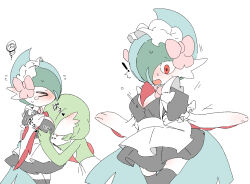 1girl apron arm_blade blush bob_cut bow breasts closed_eyes colored_skin gallade game_freak gardevoir gen_3_pokemon gen_4_pokemon genderswap green_hair green_skin highres maid maid_apron maid_headdress mega_gallade mega_pokemon multicolored_skin nintendo pink_bow pippu_(pixiv_83129481) pokemon pokemon_(creature) simple_background two-tone_skin weapon white_apron white_background white_skin