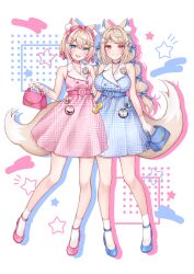 absurdres alternate_costume alternate_hairstyle animal_ear_fluff animal_ears bag blonde_hair blue_bag blue_dress blue_eyes blue_hair blue_shoes braid breasts closed_mouth collarbone dog_ears dog_girl dog_tail dress fuwawa_abyssgard gloves hair_between_eyes hair_ornament highres holding holding_bag hololive hololive_english large_breasts long_hair medium_breasts mikujin_(mikuzin24) mococo_abyssgard open_mouth pink_bag pink_dress pink_eyes pink_hair pink_shoes shoes short_hair siblings sisters socks tail twin_braids twins very_long_hair virtual_youtuber white_background white_gloves white_socks x_hair_ornament