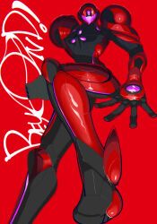 Rule 34 | arm cannon, armor, assault visor, forehead jewel, full armor, helmet, highres, hourai t, metroid, metroid prime 4: beyond, nintendo, perspective, power armor, power suit, red background, samus aran, shoulder pads, weapon