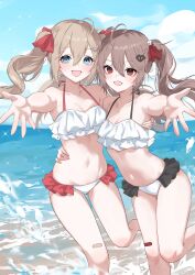2girls absurdres ahoge arm_behind_back bandaid bandaid_on_leg blue_eyes blue_sky breasts brown_hair commentary commission day english_commentary evil_neuro-sama feet_out_of_frame frills hair_between_eyes hair_ribbon highres houji_tea_latte long_hair looking_at_viewer medium_breasts multiple_girls navel neuro-sama outdoors outstretched_arm red_eyes red_ribbon ribbon second-party_source shore siblings sisters sky small_breasts swimsuit teeth twins two_side_up upper_teeth_only vedal_ai virtual_youtuber