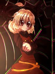 1girl black_bow black_shirt blonde_hair blush bow brown_dress brown_eyes buttons chromatic_aberration closed_mouth commentary_request cowboy_shot crossed_arms dress hair_bow hair_bun highres kurodani_yamame long_sleeves pinafore_dress ribbon shippuu_jinnari shirt short_hair silk single_hair_bun sleeveless sleeveless_dress smile solo spider_web touhou yellow_ribbon