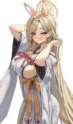 Rule 34 | 1girl, :q, absurdres, akamin435, animal ear fluff, animal ears, arm up, bare shoulders, blonde hair, blue archive, blush, breasts, commentary, detached sleeves, extra ears, fox ears, fox girl, halo, highres, japanese clothes, kaho (blue archive), kimono, large breasts, long hair, looking at viewer, obi, red rope, rope, sash, shimenawa, sideboob, sideless kimono, simple background, sleeveless, sleeveless kimono, smile, solo, tongue, tongue out, underbust, very long hair, white background, white kimono, white sleeves, wide sleeves, yellow eyes, yellow halo, yellow sash