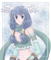 1girl blue_background blue_eyes blue_hair bra_strap breasts cleavage closed_mouth commentary_request dated_commentary elbow_gloves fake_wings feathered_wings gloves green_gloves green_scarf green_tube_top hair_tubes head_wings large_breasts long_hair looking_at_viewer midriff navel ragnarok_online ranger_(ragnarok_online) scarf sharari sidelocks smile solo strapless tube_top upper_body white_wings wings