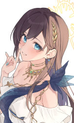 1girl armpit_crease bare_shoulders blue_eyeliner blue_eyes blue_nails blush breasts brown_hair commentary double-parted_bangs dress earrings eyeliner finger_to_mouth hair_ornament halo hand_up highres index_finger_raised jewelry long_hair looking_at_viewer makeup off-shoulder_dress off_shoulder original parted_lips simple_background smile solo strapless strapless_dress teti upper_body white_background white_dress yellow_halo