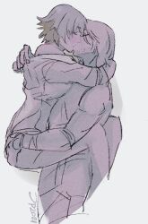 Rule 34 | 1boy, 1girl, beard stubble, black hair, closed eyes, dante (devil may cry), devil may cry (series), facial hair, from side, grey background, greyscale, jumpoon, kiss, lady (devil may cry), monochrome, shirt, signature, simple background, sketch, stubble