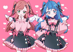 2girls absurdres ahoge alternate_costume alternate_hair_length alternate_hairstyle angel_wings animal_collar artist_name belt black_belt black_collar black_ribbon black_skirt blush_stickers bow bow_skirt bowtie closed_mouth collar commentary covering_own_mouth cowboy_shot cut_bangs ear_piercing earrings frilled_shirt frilled_skirt frills green_eyes hair_ornament hair_ribbon heart high-waist_skirt highres hirogaru_sky!_precure jewelry jirai_kei long_hair long_sleeves looking_at_viewer miniskirt multiple_girls nijigaoka_mashiro piercing pink_background pink_bow pink_bowtie pink_hair pink_shirt pixiv_username potacure precure ribbon shirt side-by-side signature skirt sleeves_past_wrists smile sora_harewataru standing stud_earrings twitter_username two_side_up wings x_hair_ornament