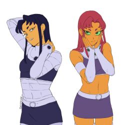 2girls blackfire bra colored_skin crop_top dc_comics flat_color genniax green_eyes hands_on_own_face miniskirt multiple_girls non-web_source orange_skin red_hair skirt starfire teen_titans tight_clothes underwear