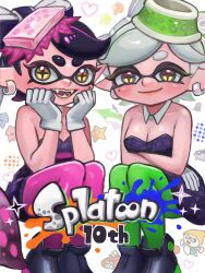 +_+ 2025 2girls anniversary black_dress black_hair black_jumpsuit bow-shaped_hair breasts callie_(splatoon) callie_(squid_sisters_outfit)_(splatoon) cousins detached_collar dress earrings fangs food food_on_head gloves green_pantyhose grey_hair highres hoop_earrings inkling jewelry jumpsuit long_hair marie_(splatoon) marie_(squid_sisters_outfit)_(splatoon) mole mole_under_eye multiple_girls nintendo object_on_head oekakirisuke open_mouth pantyhose pink_pantyhose pointy_ears short_dress short_jumpsuit smile splatoon_(series) strapless strapless_dress strapless_jumpsuit swept_bangs tentacle_hair twintails unitard updo white_gloves yellow_eyes