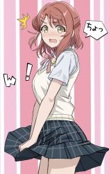 1girl absurdres black_skirt blush brown_hair clothes_lift collared_shirt cowboy_shot from_side full-face_blush green_eyes hair_bun hair_ornament hairclip highres love_live! love_live!_nijigasaki_high_school_idol_club medium_hair miniskirt nijigasaki_school_uniform open_mouth pink_background pleated_skirt school_uniform shirt short_sleeves skirt skirt_lift solo speech_bubble standing striped_background sweatdrop sweater_vest uehara_ayumu wavy_mouth white_shirt white_sweater_vest wing_collar zaofeng